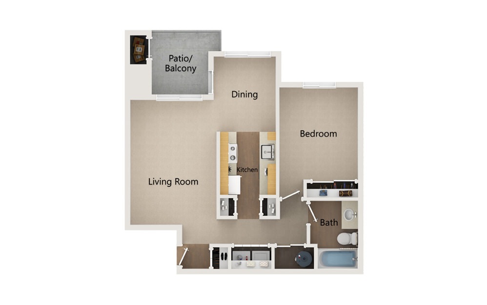 A12 - 1 bedroom floorplan layout with 1 bath and 705 square feet.