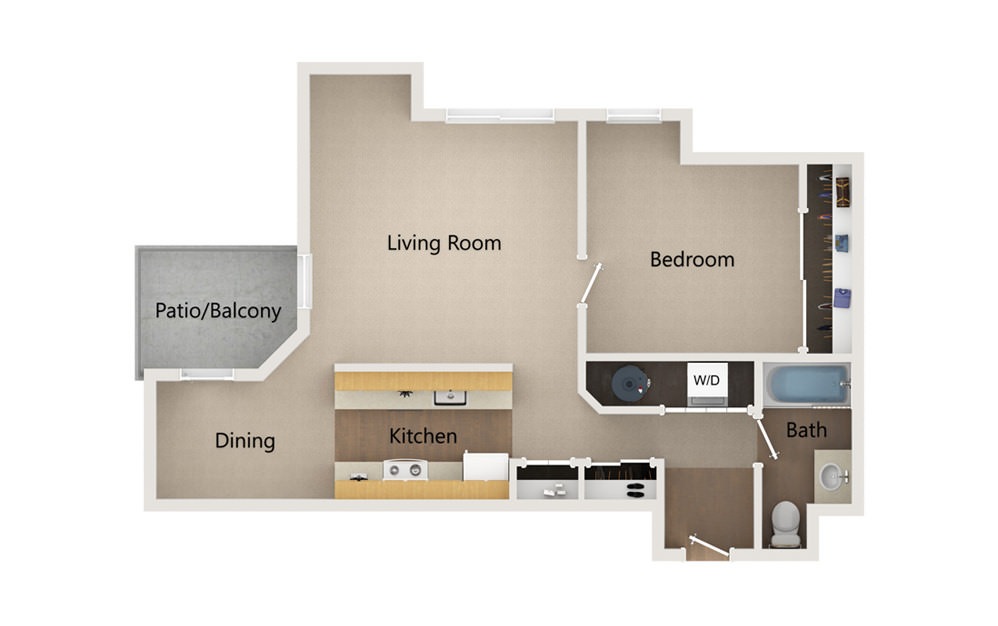 A16 - 1 bedroom floorplan layout with 1 bath and 726 square feet.
