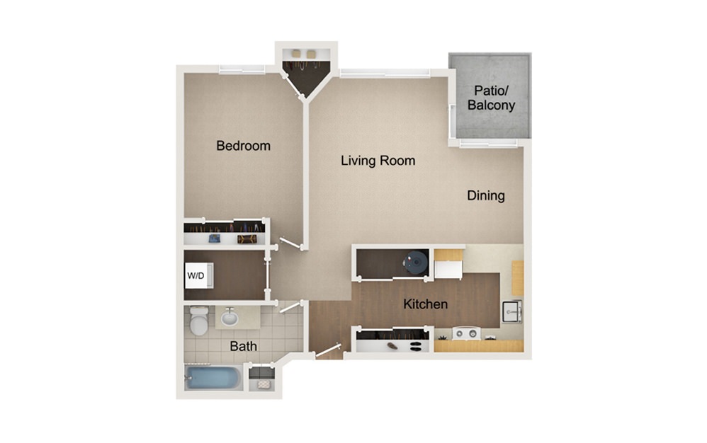 A1 - 1 bedroom floorplan layout with 1 bath and 749 square feet.