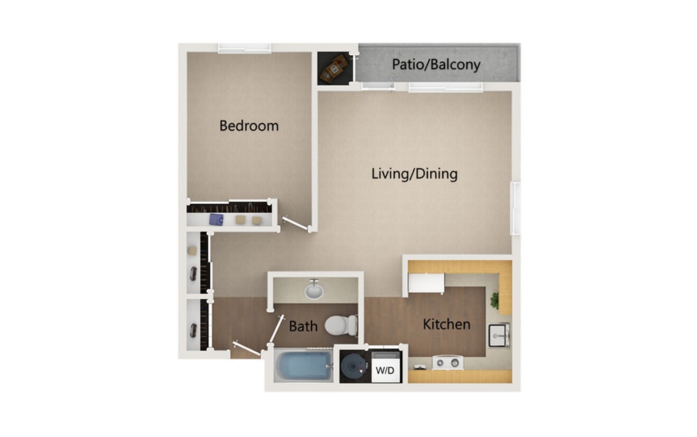 A2 - 1 bedroom floorplan layout with 1 bath and 598 square feet.
