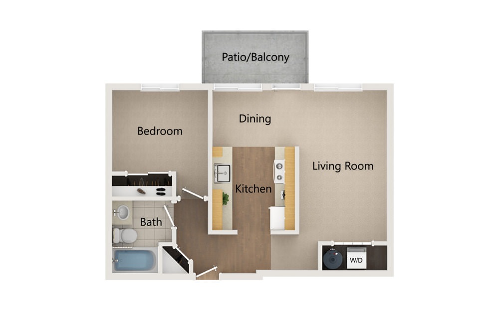 A3 - 1 bedroom floorplan layout with 1 bath and 621 square feet.