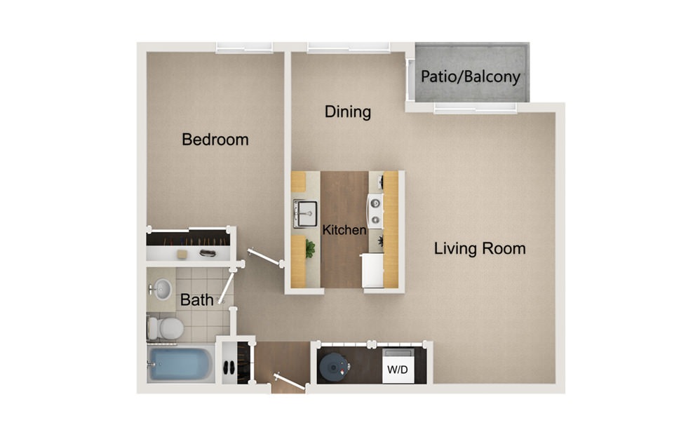 A4 - 1 bedroom floorplan layout with 1 bath and 628 square feet.