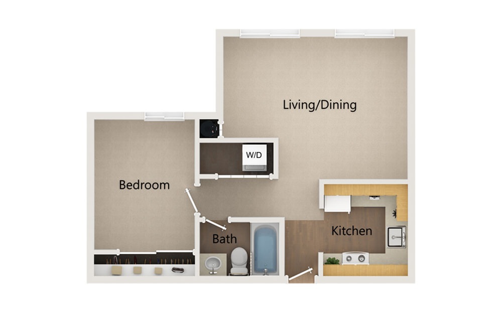 A5 - 1 bedroom floorplan layout with 1 bath and 638 square feet.