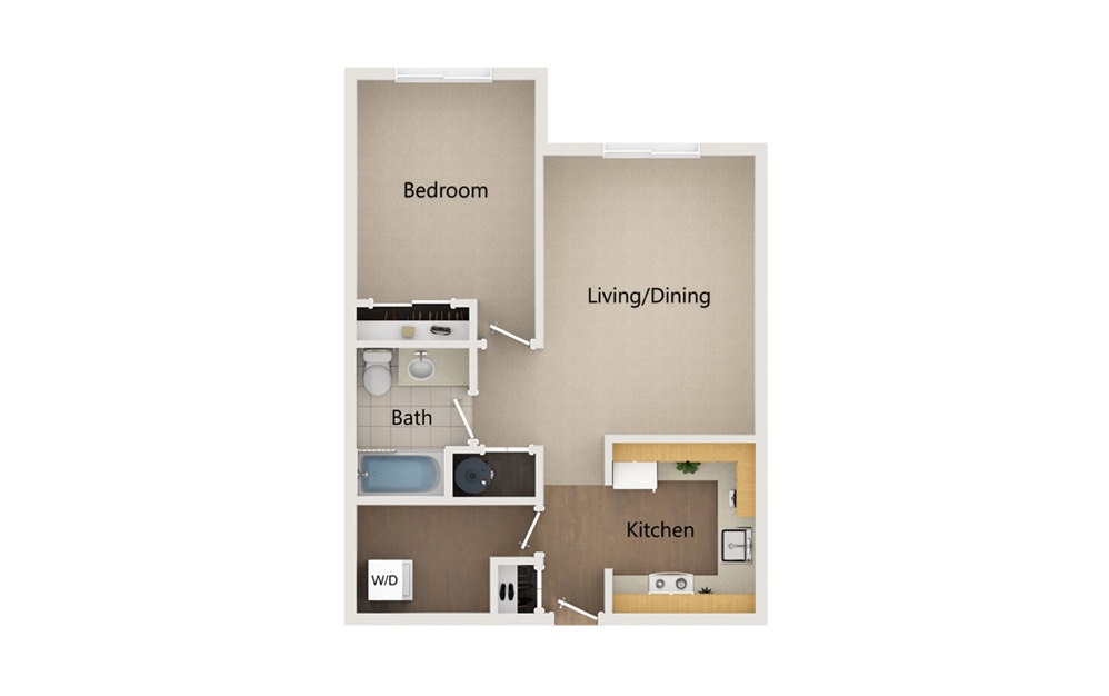 A6 - 1 bedroom floorplan layout with 1 bath and 550 to 665 square feet.