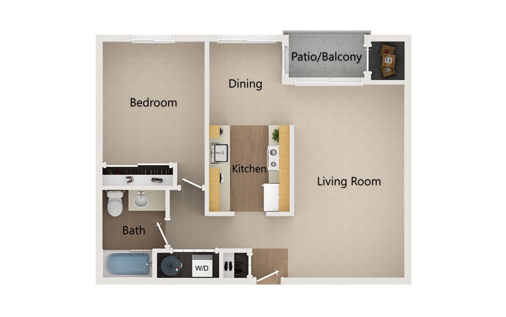 A8 - 1 bedroom floorplan layout with 1 bath and 670 square feet.