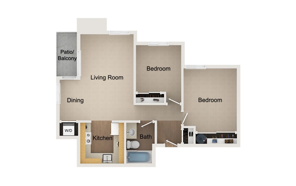 B1 - 2 bedroom floorplan layout with 1 bath and 745 square feet.