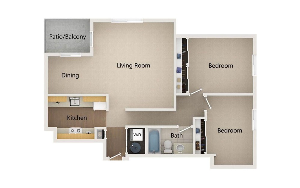 B2 - 2 bedroom floorplan layout with 1 bath and 779 square feet.