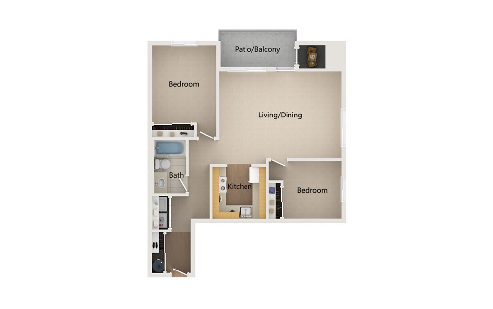 B6 - 2 bedroom floorplan layout with 1 bath and 847 square feet.