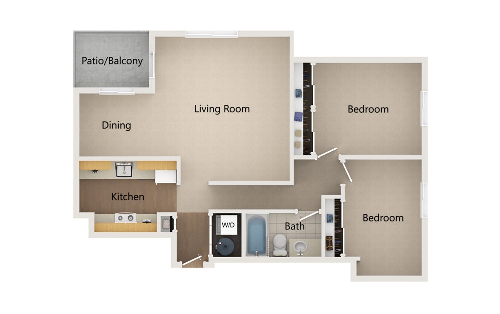 B8 - 2 bedroom floorplan layout with 1 bath and 970 square feet.