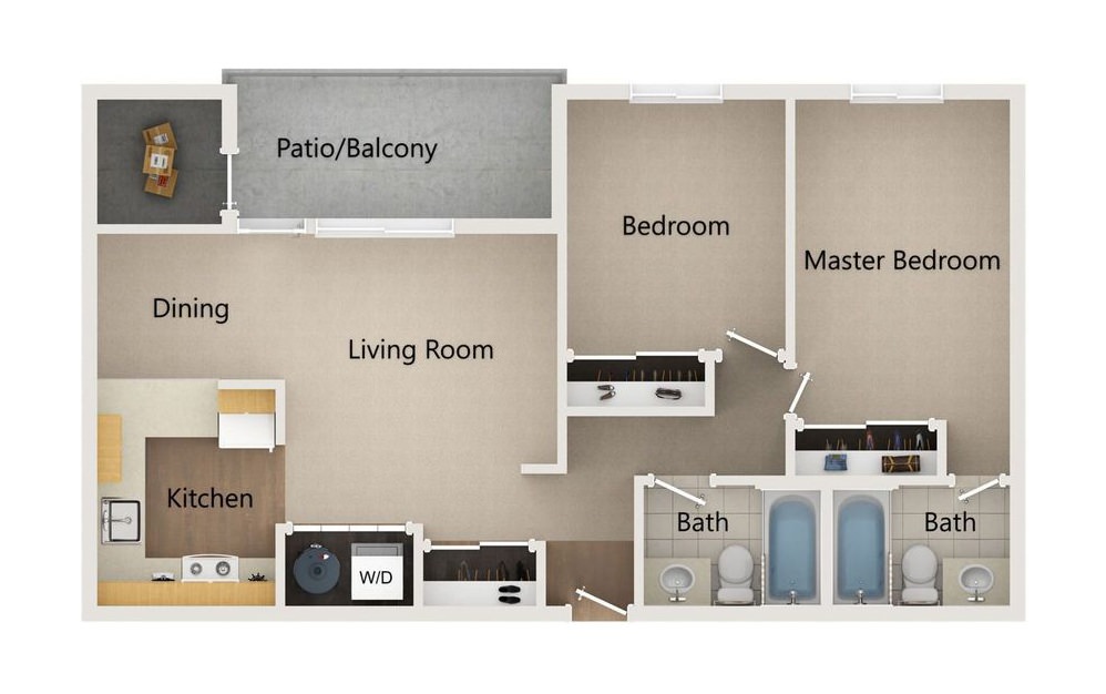 BB1 - 2 bedroom floorplan layout with 2 baths and 840 square feet.