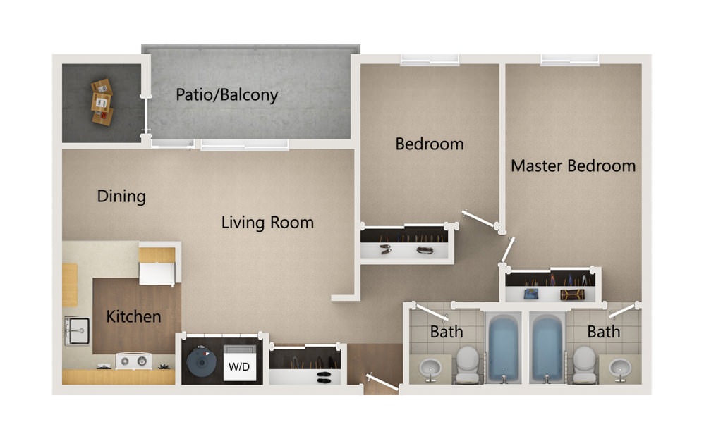 BB2 - 2 bedroom floorplan layout with 2 baths and 861 square feet.