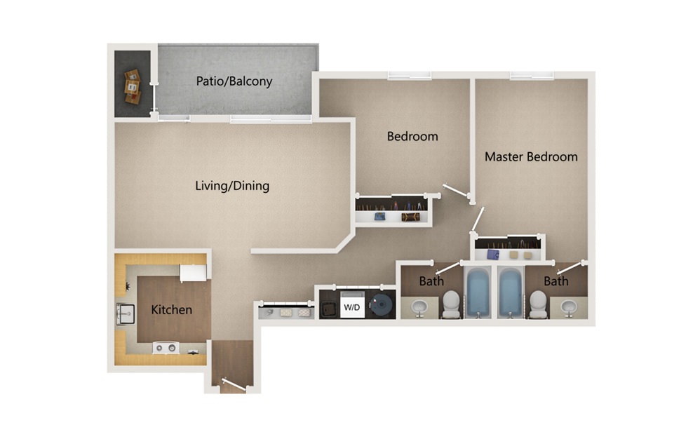 BB3 - 2 bedroom floorplan layout with 2 baths and 870 square feet.