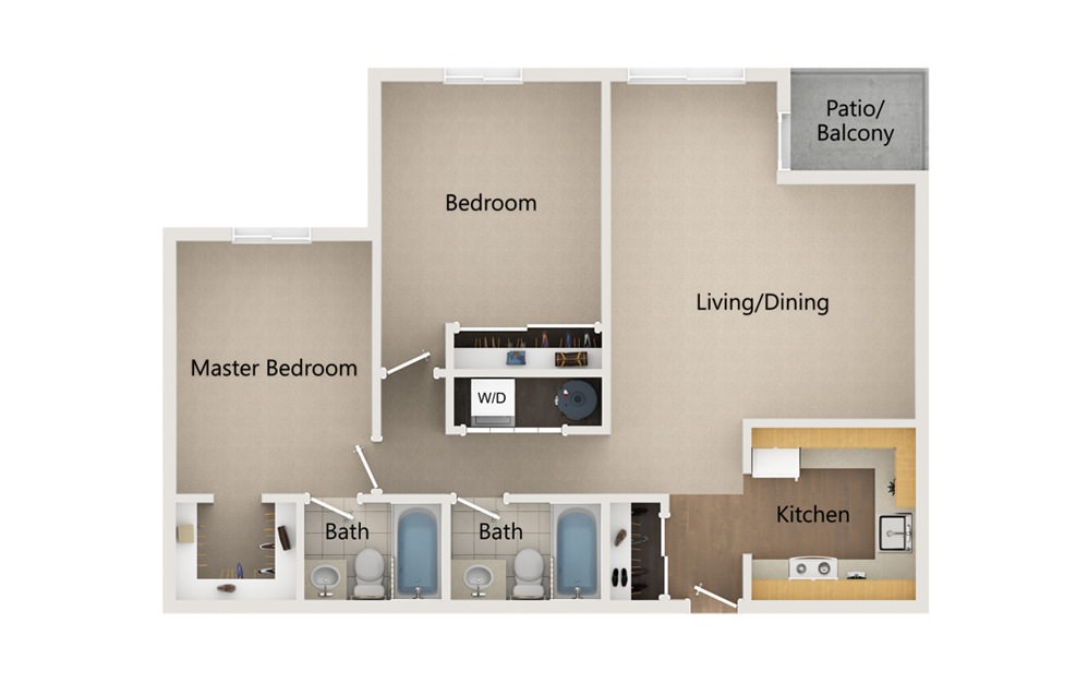 BB4 - 2 bedroom floorplan layout with 2 baths and 919 square feet.